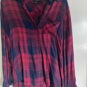 Pink and Blue Plaid Button-Up Shirt